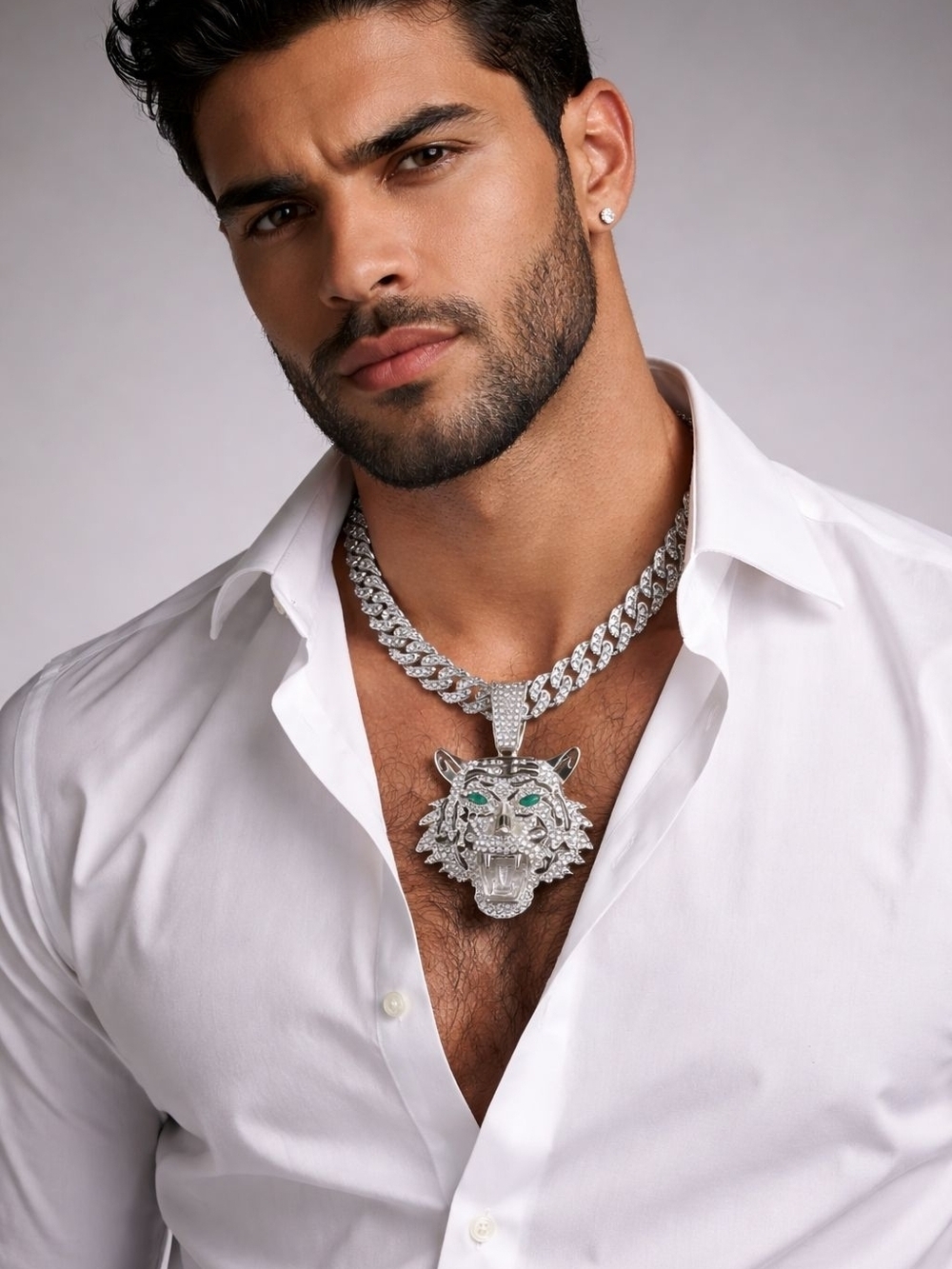 Silver Tiger Head Pendant Necklace with Green Eyes